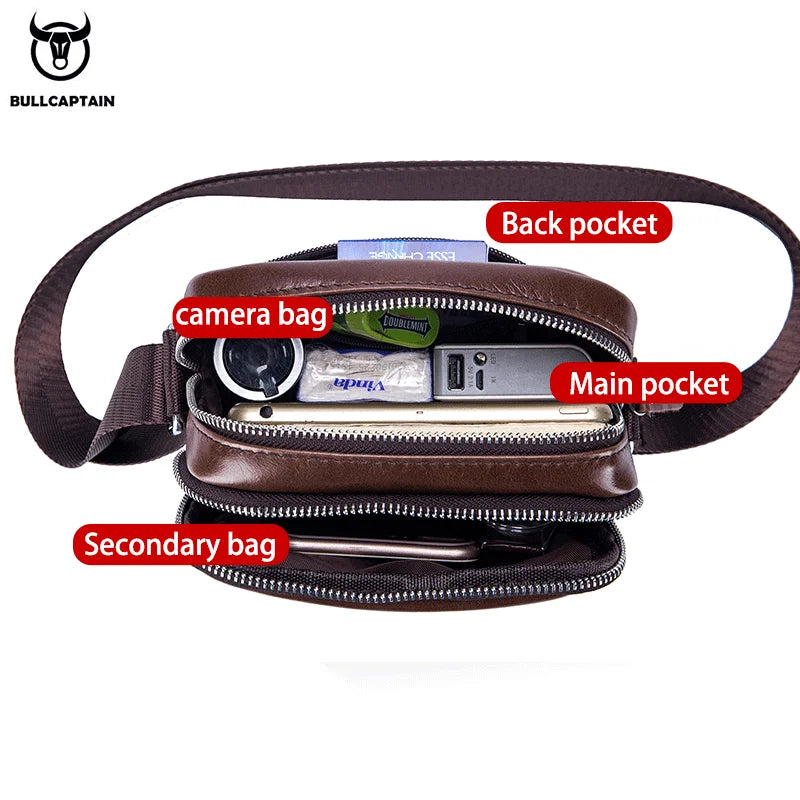 Bullcaptain Casual Men's Shoulder Bags Business Messenger Bag High-Quality Men's Cow Leather Bag's Mini Large Capacity Pocket