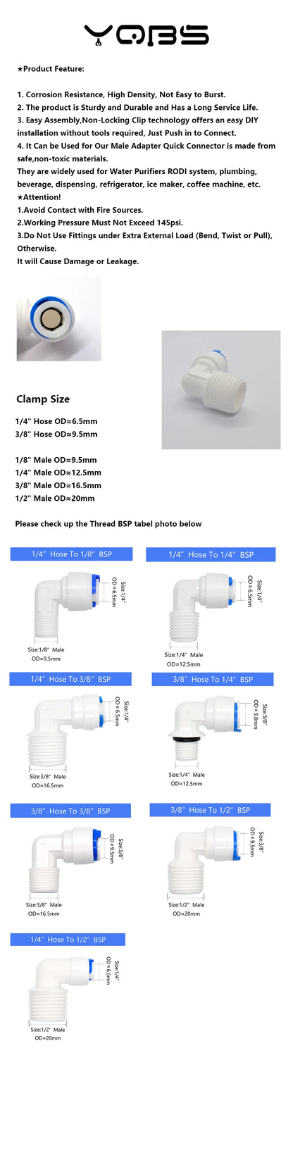 YQBS RO Aquarium Accessories Quick Connector 1/8 1/4 3/8 1/2 3/4BSP Male Thread Adapter Elbow Combination Tube