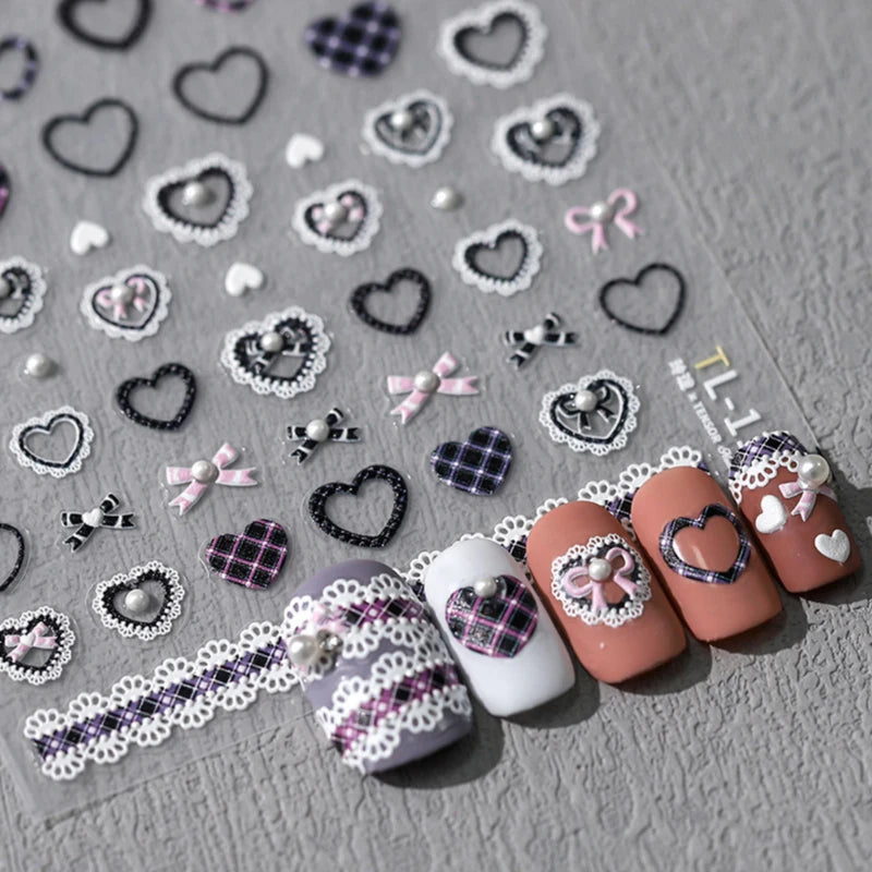 Sweet Bowknot Black Lace Heart Nail Stickers 3D Self Adhesive Nail Art Stickers Japanese Cool Girls Manicure Decorations Decals