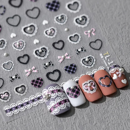 Sweet Bowknot Black Lace Heart Nail Stickers 3D Self Adhesive Nail Art Stickers Japanese Cool Girls Manicure Decorations Decals