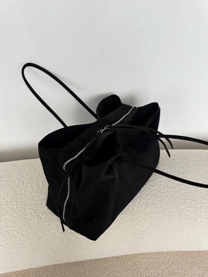 Women's Solid Black Cool Tote Bag 2025 New Fashion Simple Nylon Large Capacity Commuter Double Zipper Compartment HandBags