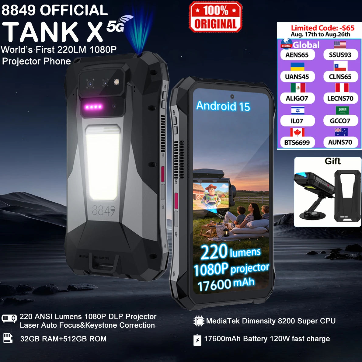 8849 Tank X Unihertz 220 Lumen 1080P Projector Rugged Smart Phone Android15 17600mAh 512GB Dimensity 8200 NFC Night Version 2026