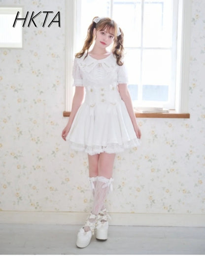 Japanese Liz Skirt High Waist Thin Kawaii Cute Bow Lolita Skirts Women Summer New Elastic High Waist Ruffle Short Pleated Skirt