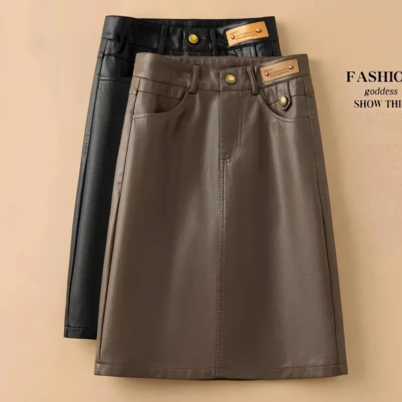 Spring Autumn Winter Leather Skirt Women New Fashion Black Brown High Waist PU A-Line Skirts Large Size S-5XL Female Midi Skirts