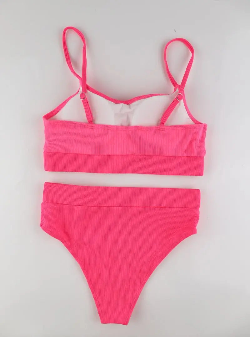 Cikini-Solid High Waist Bikinis Set for Women, Small Pit Stripe Swimsuit, Summer Beach Swimwear, Bathing Suit