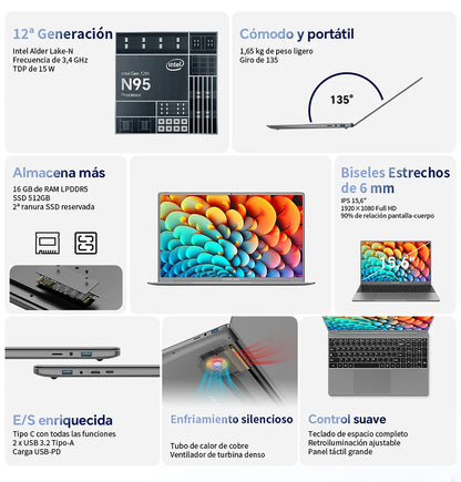 Teclast F16Pro Laptop 15.6 Inches, Backlit Keyboard, for Intel N95, 16Gb Ram 512Gb Rom, 1920X1200 Fhd Ips, Compatible with Mini-Hdmi