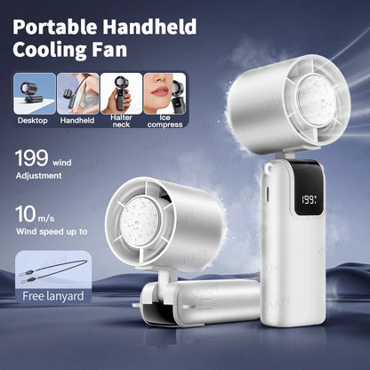 Ice Cooling Handheld Fan 199 Speeds Turbo Portable USB Desk Fan Foldable / Hangable for Outdoor Fast Chill Ice Compress