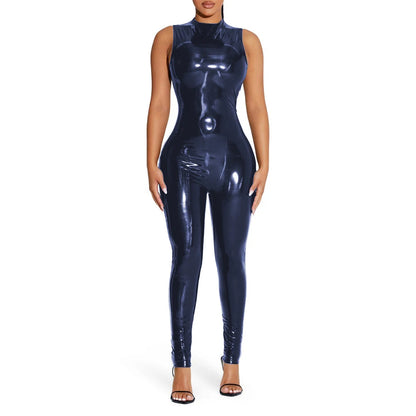 PVC Sleeveless Jumpsuit for Ladies, Wet Look, Shiny Patent Leather, O-Neck Bodycon, Tank Catsuit, Stretch Slim Rompers, Sexy