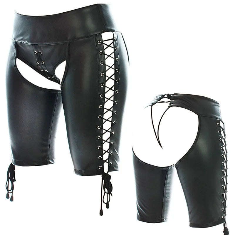 Men PU Leather Open Crotch Shorts Lace Up Adjustable Fetish Pants Buttless Underwear BDSM Lingerie Costume Adult Wear for Men