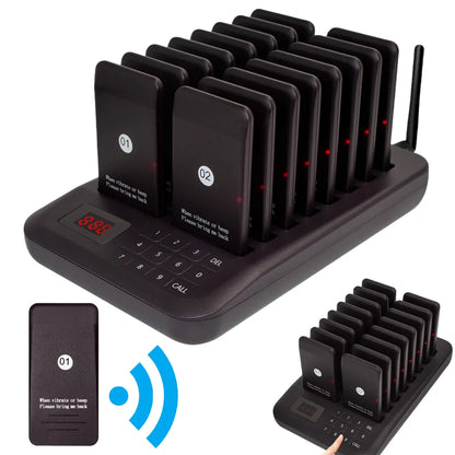 Calling System With 16 Pagers Buzzer Light Vibration 4 Modes Keypad Transmitter Guest Paging Coaster For Restaurant Coffee Shop