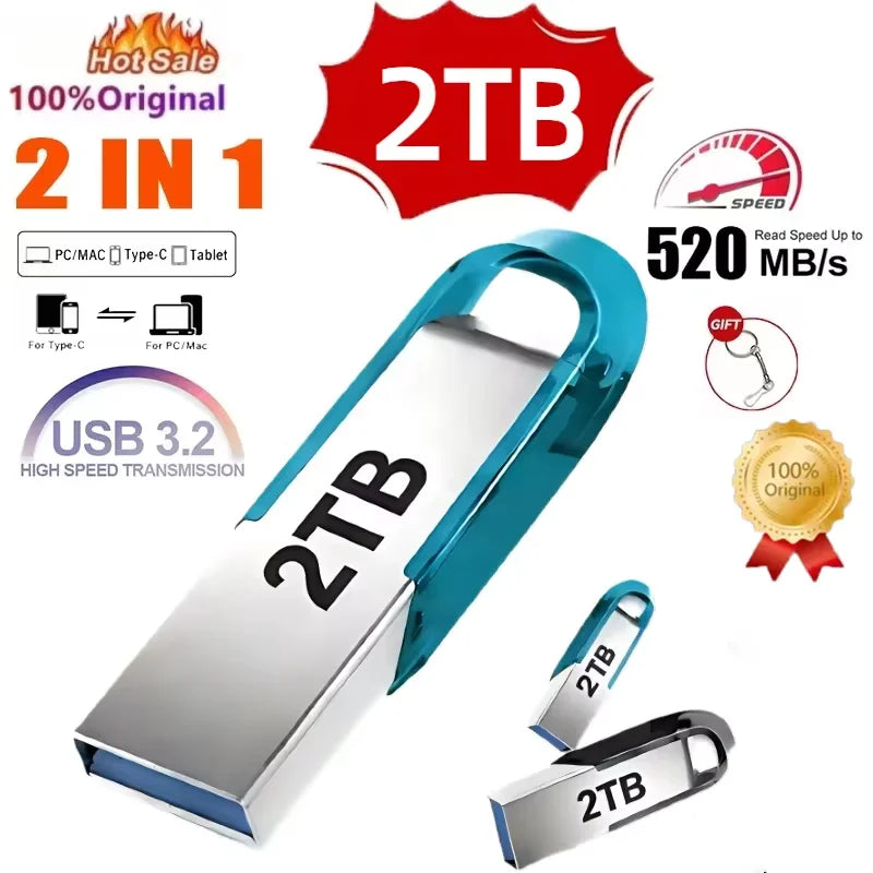 Lenovo 2TB USB 3.2 Metal Flash Drives Super High Speed Pendrive 1TB 512GB Pen Drives Portable USB Stick For Car Phone Computer