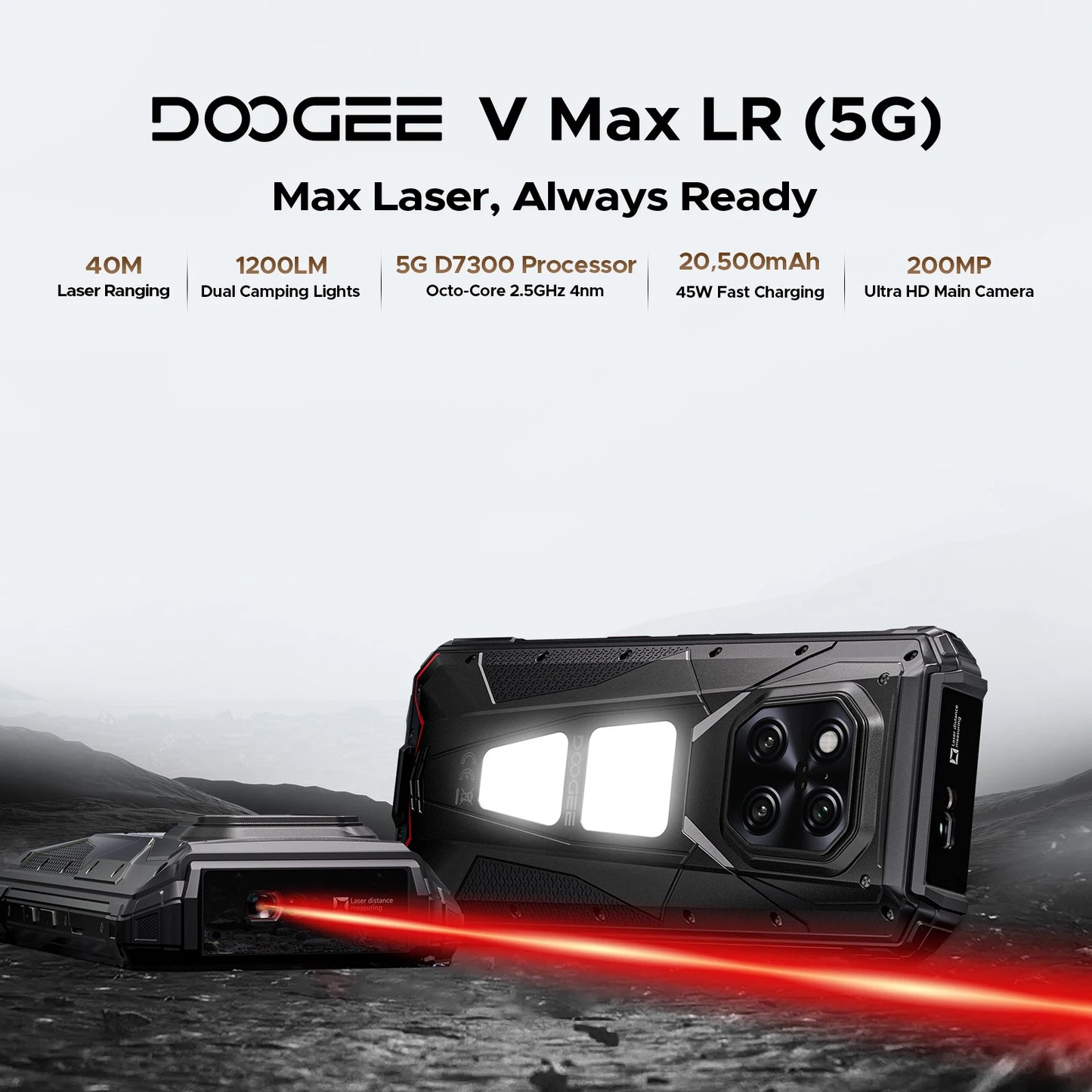 DOOGEE V Max LR 5G Rugged Phone Laser Rangefinder Dual Camping Lights 16GB 512GB ROM 6.78'' Display 20500mAh Battery Smartphone