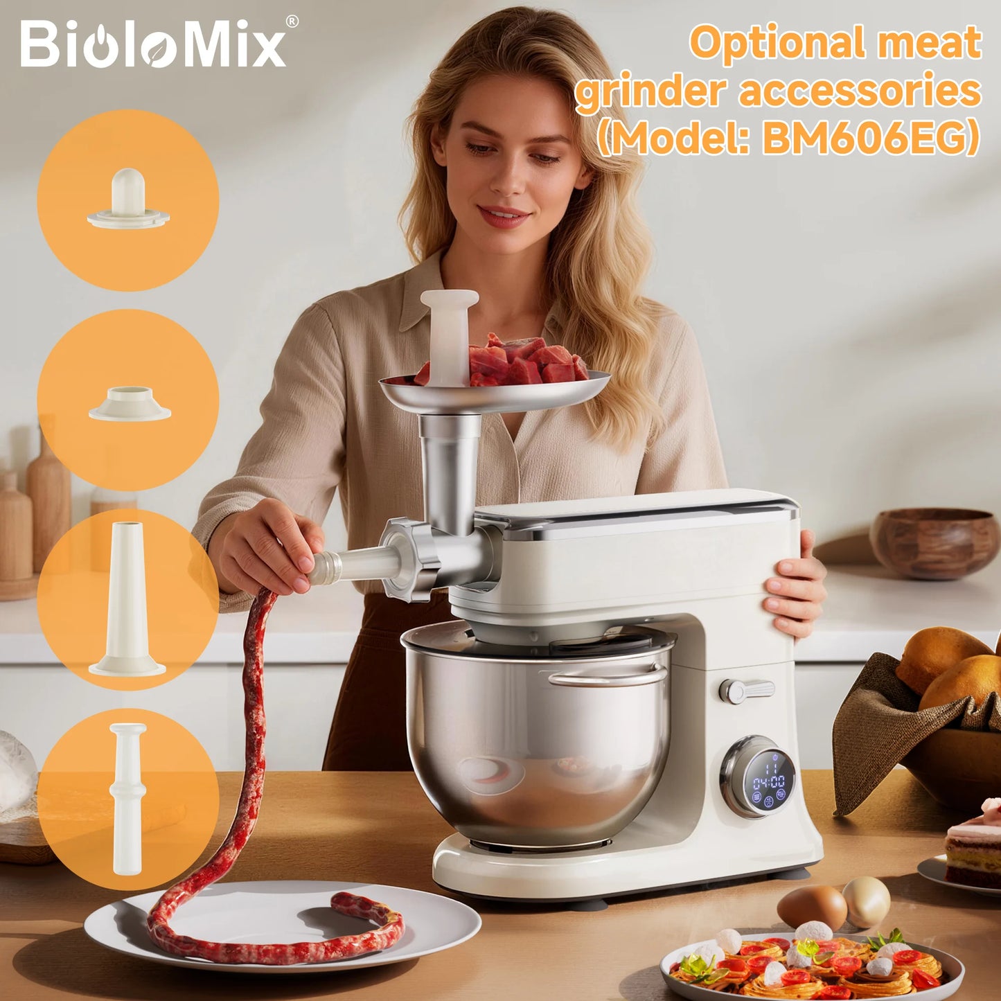 BioloMix 7L Stand Mixer for Baking 1200W DC Motor with Dough Hook Whisk Beater Meat Grinder Attachment - Food Mixer