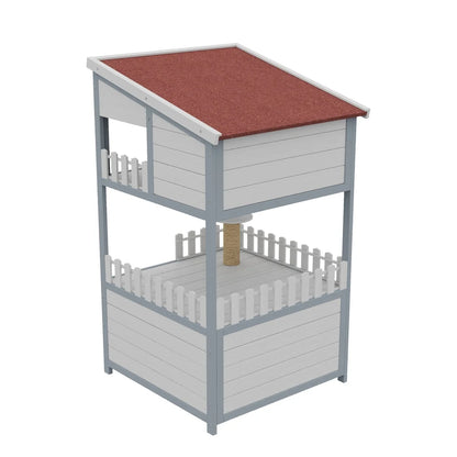 Outdoor cat house, pine cat house, rainproof outdoor cat shelter, solid wood pet cage, winter warm cat bed, with galvanized cat litter box, size 68 x 64 x 124 cm, gray
