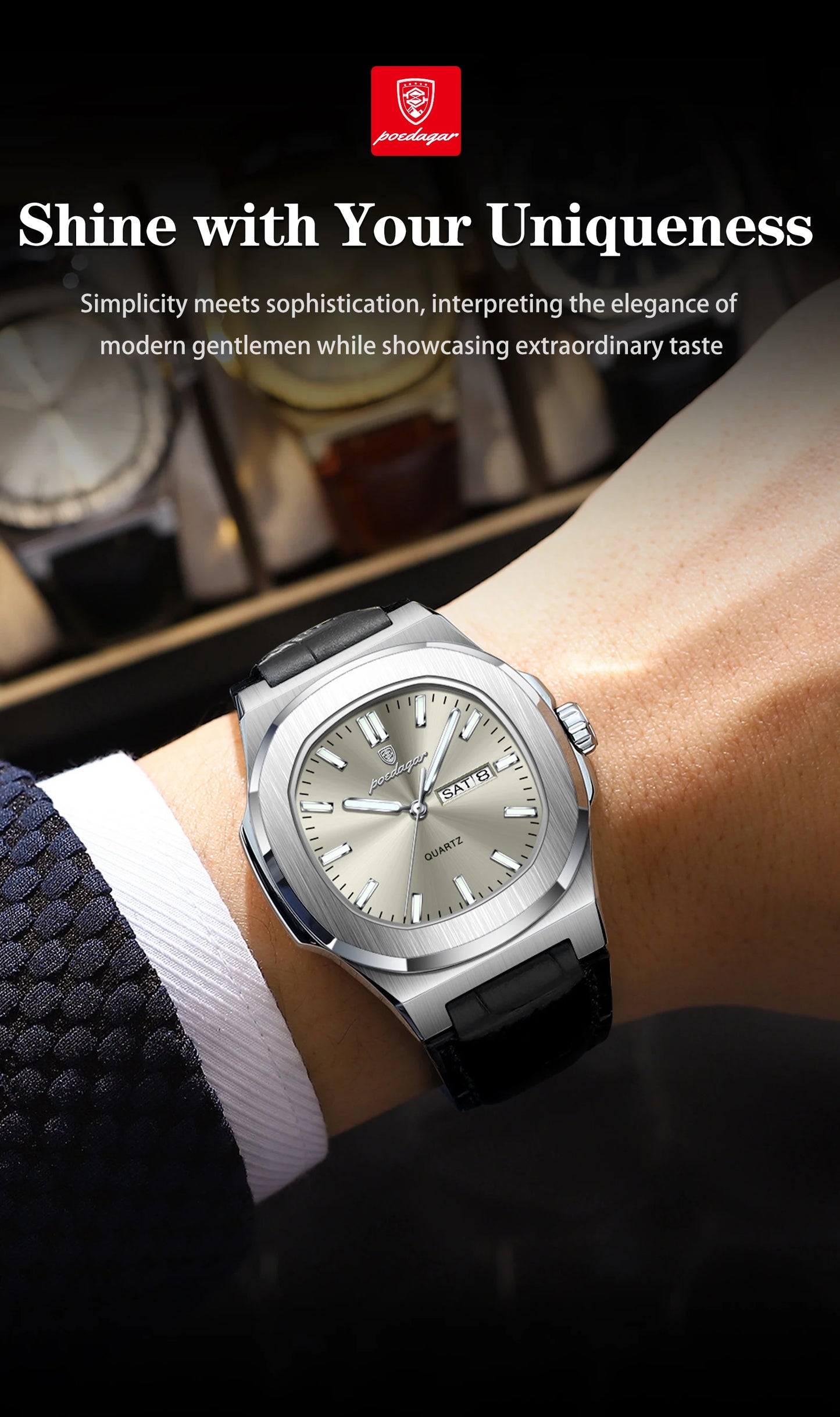 POEDAGAR Top Fashion Men's Quartz Watches Luxury Luminous Waterproof Man Clock Week Date Leather Business Men Watch Reloj Hombre