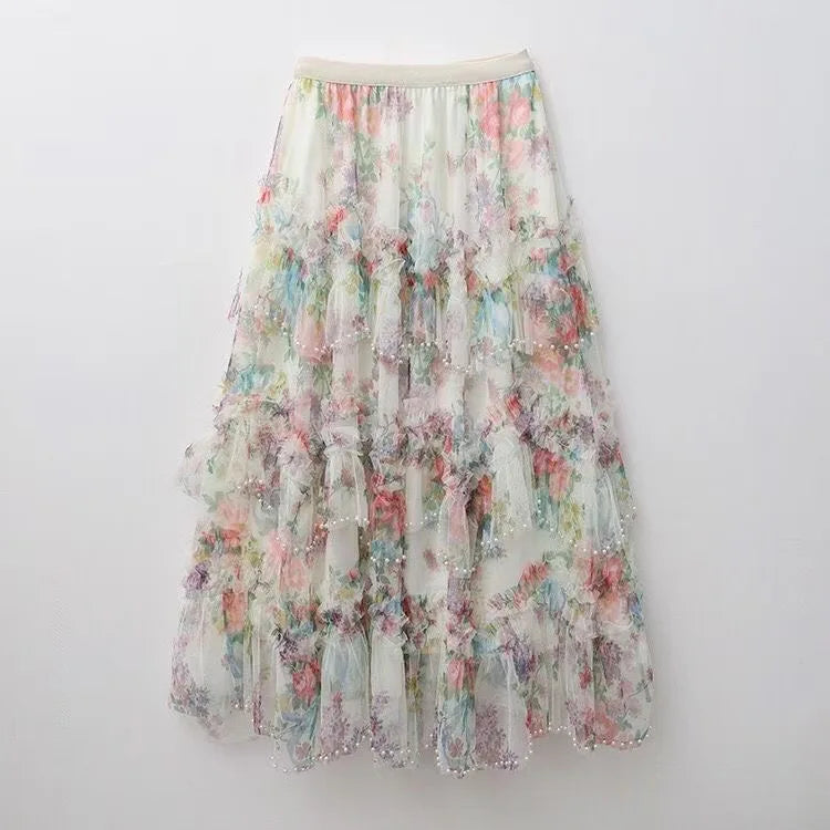 Faldas Y2k Elastic Waist Floral Print Mesh Skirt Women Summer Beach Vacation Style Versatile Stitching A-line Elegant Long Skirt