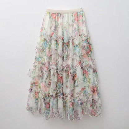 Faldas Y2k Elastic Waist Floral Print Mesh Skirt Women Summer Beach Vacation Style Versatile Stitching A-line Elegant Long Skirt