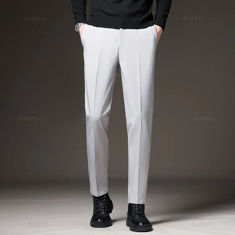 Autumn Winter Men‘s Suit Pants Slim Business Office Elastic Waist Black Grey Classic Pant Korean Trousers Male Plus Size 28-38