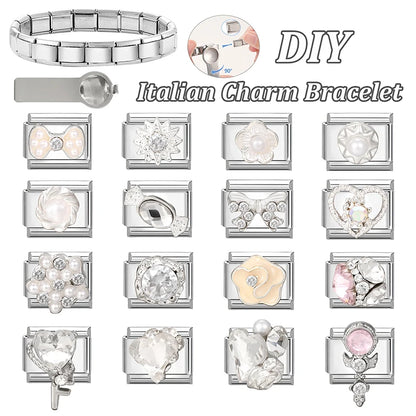 Zircon Pearl Heart Bow Candy Flower Butterfly Italian Charm Links Fit 9mm Stainless Steel Bracelet Personalized DIY Making Gifts