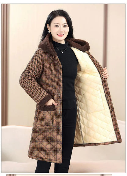 Winter Coat New Vintage Velvet And Thickening Single breasted Cotton Coat for Women Fit Cotton Clip Warm Long Parka Plaid Coat