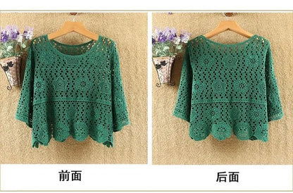Women's Summer Short Jacket 2025 New Pullover Round Neck Knit Female Sweater Top Loose Fashion Hollowing Out Ladies Lace Tops