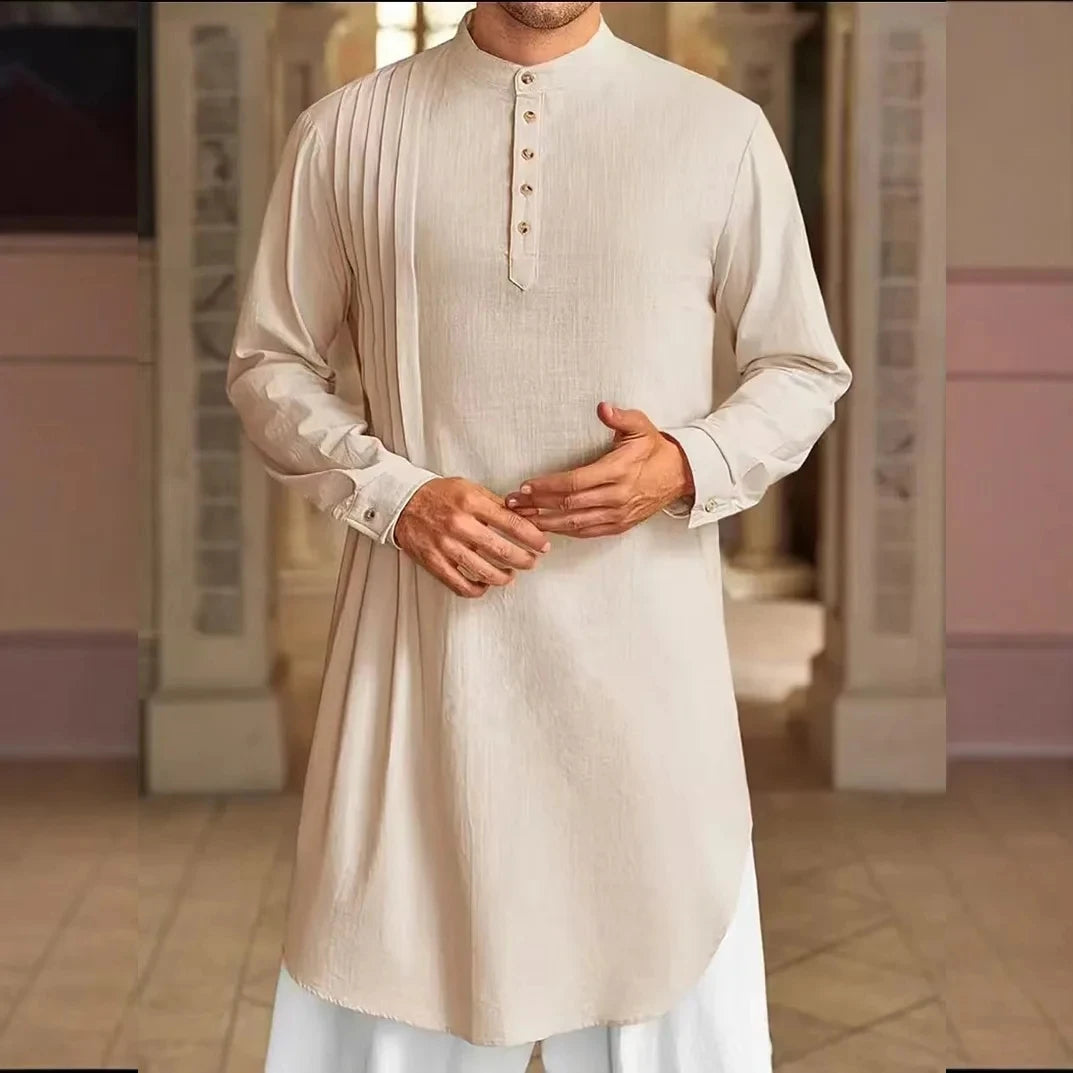 Men's Muslim Dress Long-sleeved Clothing 100% Cotton Pullover Kaftan Robe Men Jubba Thobe Pakistan Saudi Arab Caftan Islamic Top