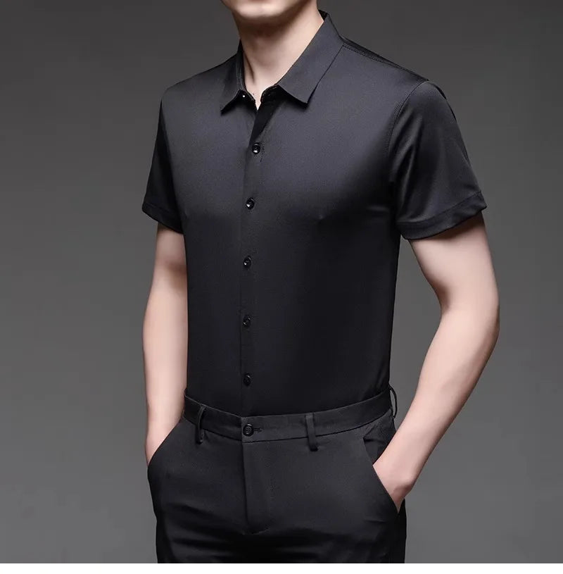 High Quality Dress Shirts For Men Business Casual Seamless Wrinkle Resistant Button Soft Elastic Luxurious Male White Clothing