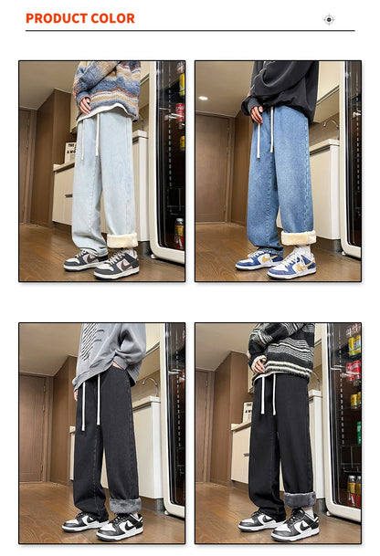 Men's Thicke Fleece Straight Jeans Winter Velvet Thermal Nostalgia Washing Denim Pants Streetwear Elastic Waist Loose Trousers
