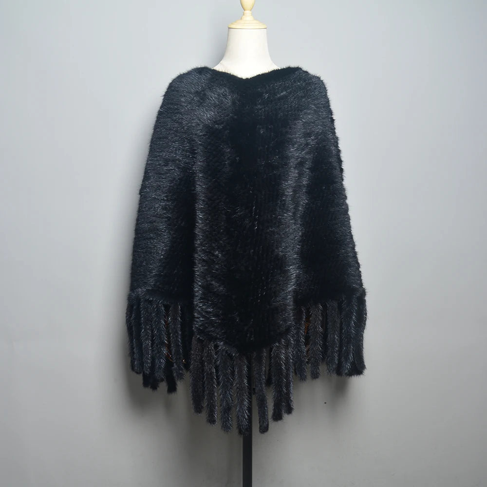 Fashion Women Fur Shawl Winter Knitted Real Mink Fur Stole With Fur Hood Knitted Mink Poncho Pashmina