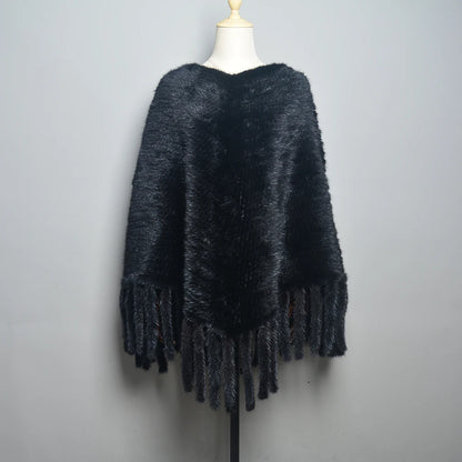 Fashion Women Fur Shawl Winter Knitted Real Mink Fur Stole With Fur Hood Knitted Mink Poncho Pashmina