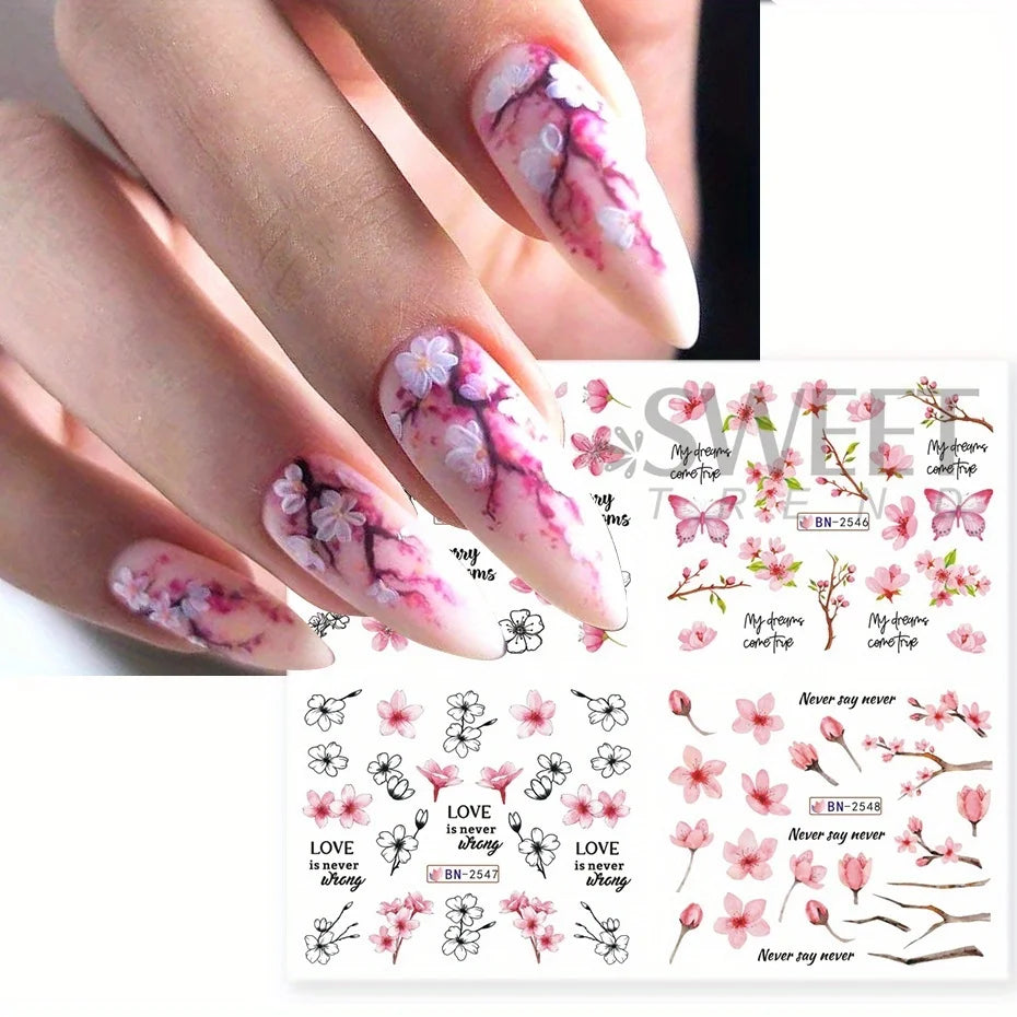 12pcs Pink Cherry Blossom Water Nail Sliders Winter New Year Sakura Floral Leaves Stickers DIY Charm Accessories Manicure Decor