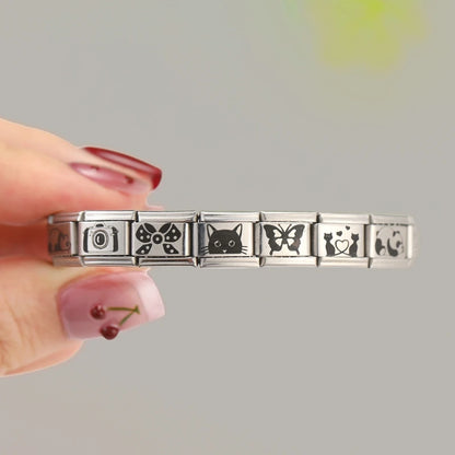 Laser Engraving Cute Cartoon Black Playing Cats Italian Charm Links Fit 9mm Stainless Steel Bracelet Men Women DIY Making Gifts