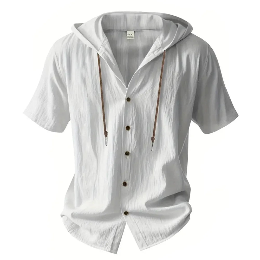 Summer Men's Hooded Cotton Linen Shirt Solid Color Breathable Lightweight Short Sleeve Drawstring Design Tees Male Casual Tops