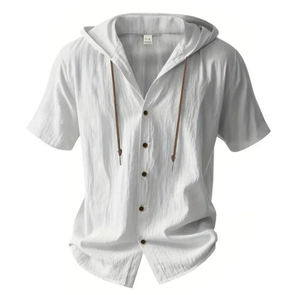 Summer Men's Hooded Cotton Linen Shirt Solid Color Breathable Lightweight Short Sleeve Drawstring Design Tees Male Casual Tops