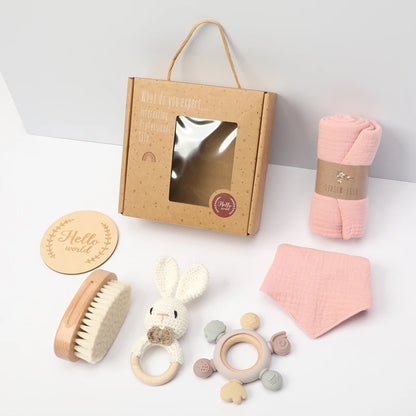 Newborn Baby Bath Set with Double Sided Cotton Blanket Face Saliva Towel Crochet Rattle Toy Wool Brush,Gift Box for Baby Shower