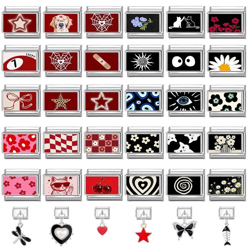 Fashion Personalized DIY Black Red Color Italian Charm Bracelet Eyes Cat Stripes Heart Bead 9mm Bracelet Stainless Steel Jewelry
