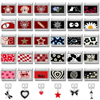 Fashion Personalized DIY Black Red Color Italian Charm Bracelet Eyes Cat Stripes Heart Bead 9mm Bracelet Stainless Steel Jewelry