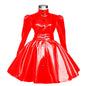 Plus Size Sweet Girl Mini Dress PVC Leather High Neck Button Pleated  A-line Dress Preppy Style Back Zipper Long Sleeve Dress
