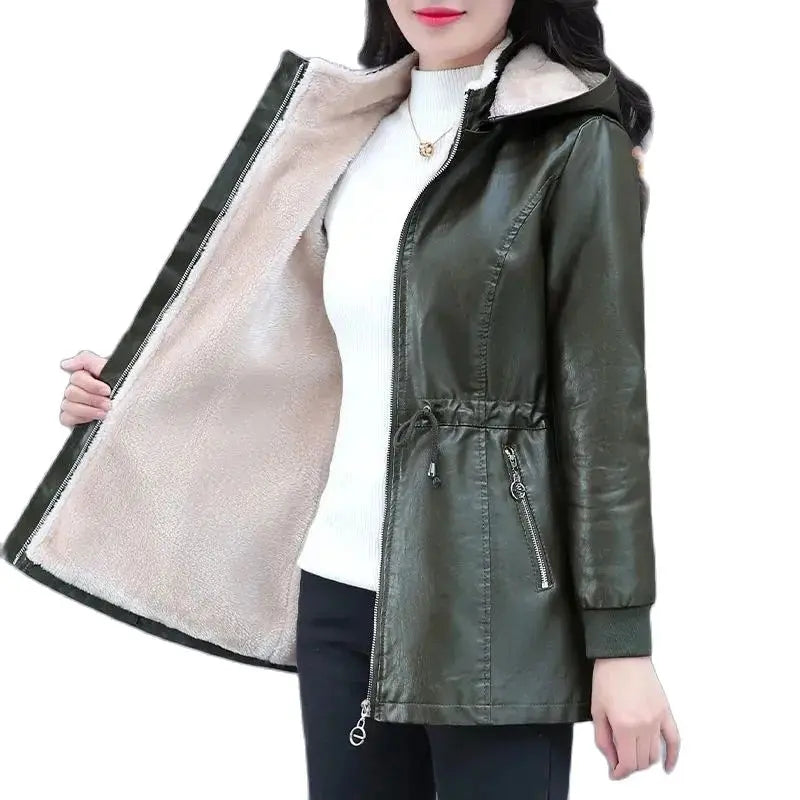 Winter Coat New Fashion Soft Leather Clothes Women's Long Sheep Leather Jacket Plus Velvet Padded Warm Coat