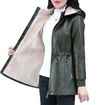 Winter Coat New Fashion Soft Leather Clothes Women's Long Sheep Leather Jacket Plus Velvet Padded Warm Coat