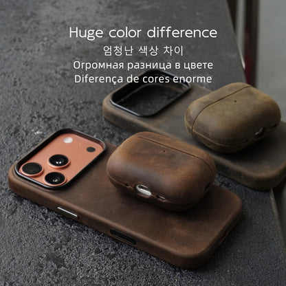 YMW Scratc Crazy Horse Genuine Leather Case for iPhone 17 16 15 Pro Max Magnetic PULL-UP Cowhide Phone Cover