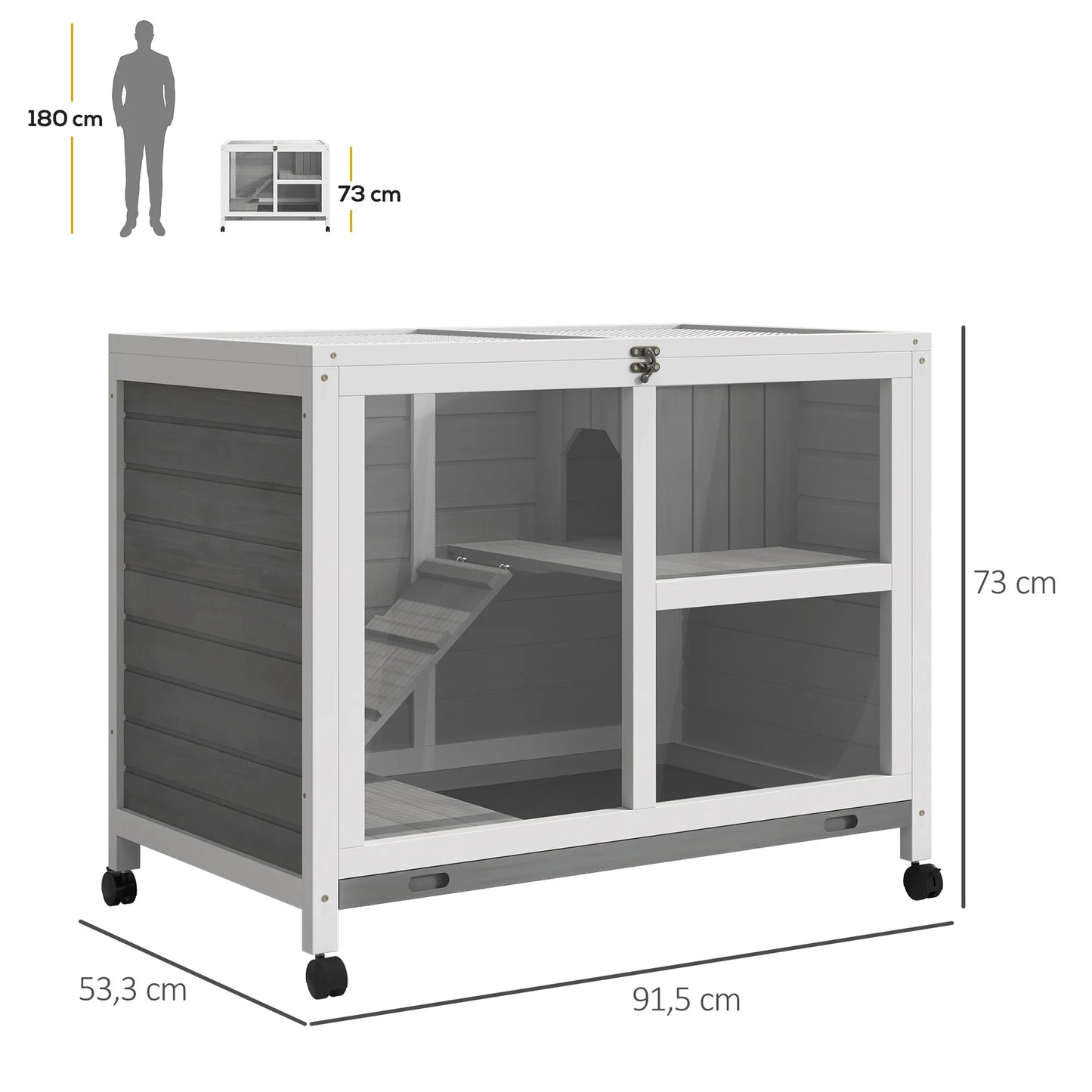 Hutcrate rabbit Cage on castors small solid drink animals enclosure 2 floors sunroof plates-forms x 91,5x73 cm Gray