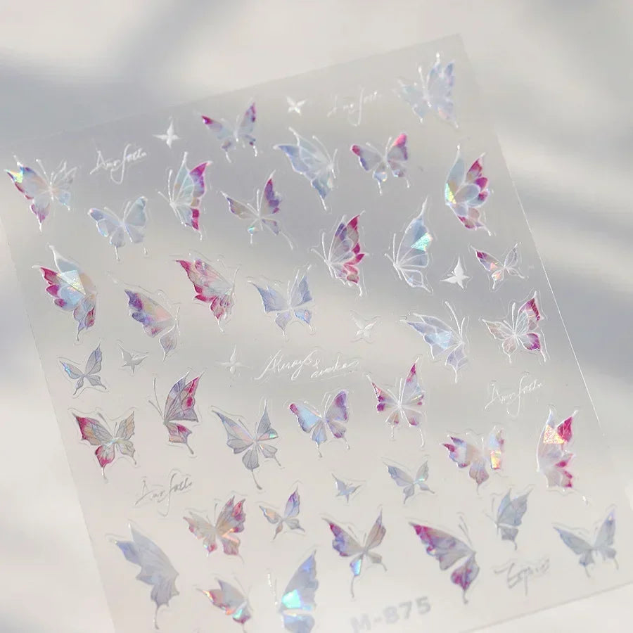 Shiny Jelly Butterfly Charming Golden Gradient Bowknot 5D Self Adhesive Nail Art Sticker Flower Petal Rhinestone Manicure Decals