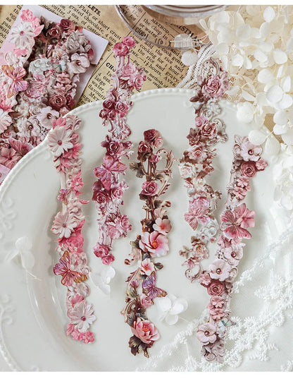 Journamm 10pcs Long Floral Stickers Hollow Relief Craft DIY Scrapbooking Collage Stationery Decor Junk Journal Frame Sticker