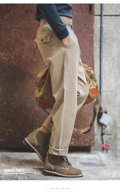 Maden Vintage Khaki Gurkha Pants Adjustable High Waist Casual Cargo Work Pants Classic Straight Trousers Men's Spring and Fall