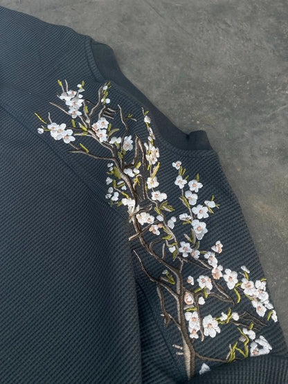 Harajuku Cherry Blossom Embroidery Sweater Fashion Casual Knitted Round Neck Pullove Warm Long Sleeve Sweatshirt Men Clothing