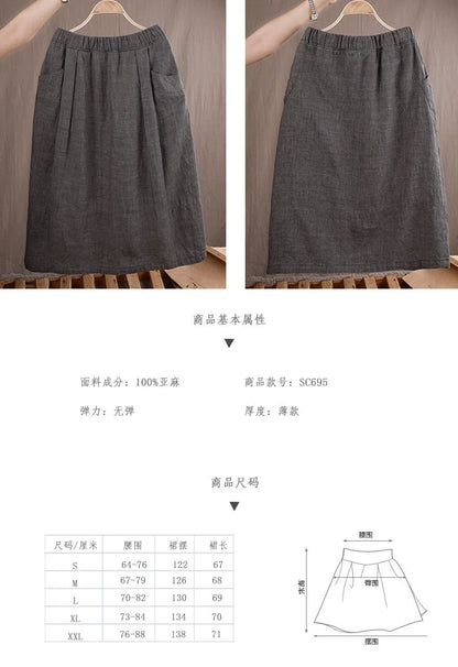 New Cotton and Hemp Half Length Skirt for Women in Summer, A-line Medium Length Skirt, High Waist, Loose Elastic Waist Skirt
