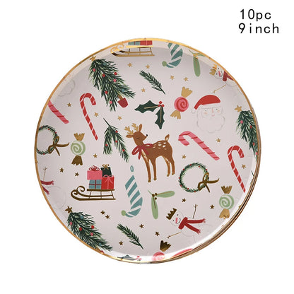 2026 Christmas Party Disposable Tableware Cartoon Bronzing Deer Pattern Plates Cups Santa Claus Napkin Merry Christmas Supplies