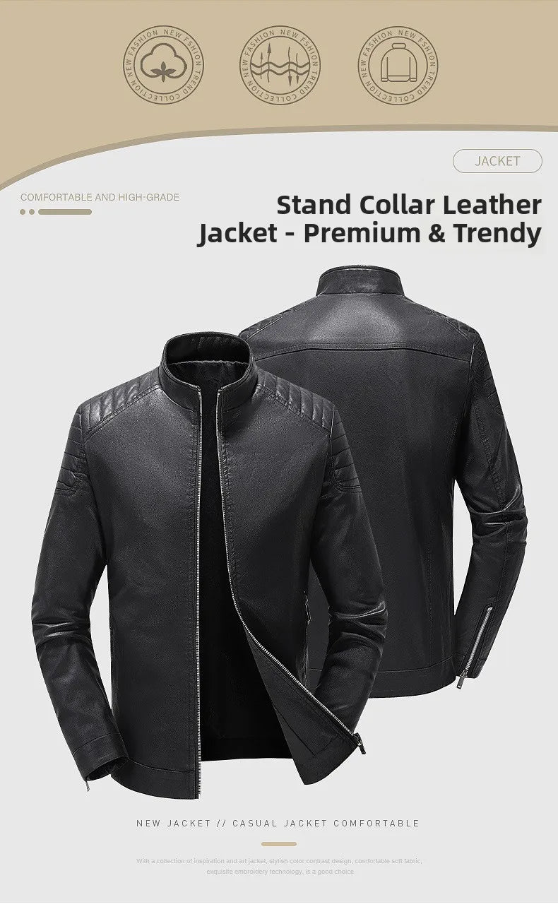 Spring Autumn Men's Biker Style Thin Top Layer Leather Jacket Motorcycle Outerwear Lightweight Korean Version Zipper Closure