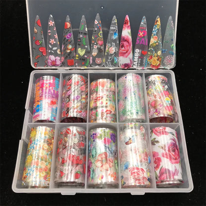 New Flower Nail Foils for Transfer Paper Stickers Floral Adhesive Fruit Nails Wraps Fish DIY Water Marble Nail Art Decorations